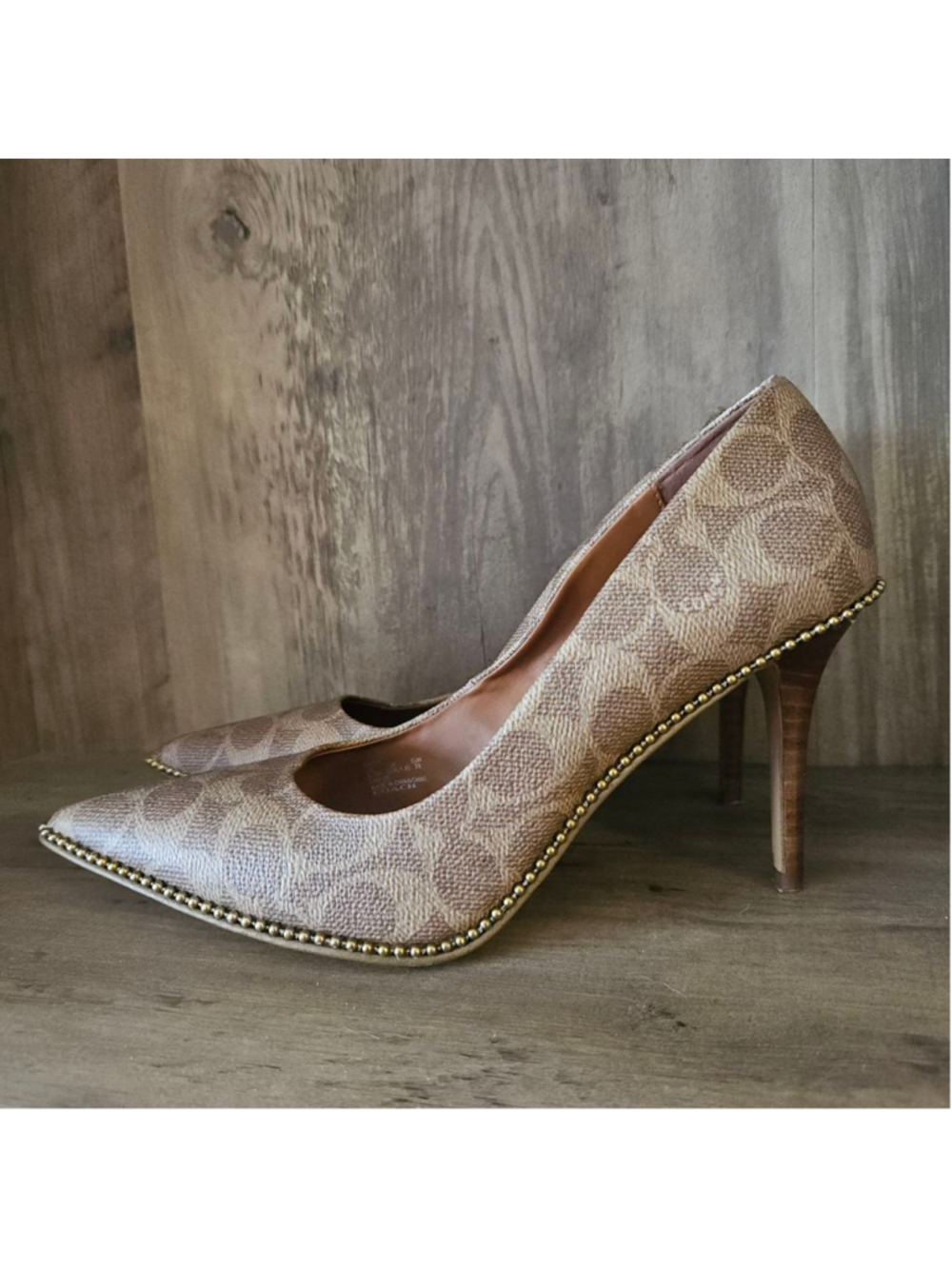 Coach Waverly Pump Brown Signature Pointed Toe Ball Chain Trim Heels Womens 8.5